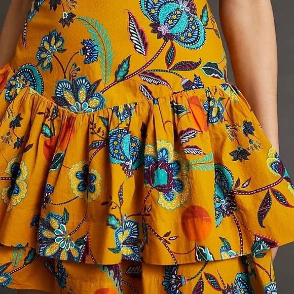 Maeve Anthropologie A-Line Tiered Floral Orange Golden Mini Skirt - Picture 2 of 3